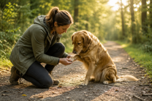 Frau hält die Pfote eines Hundes