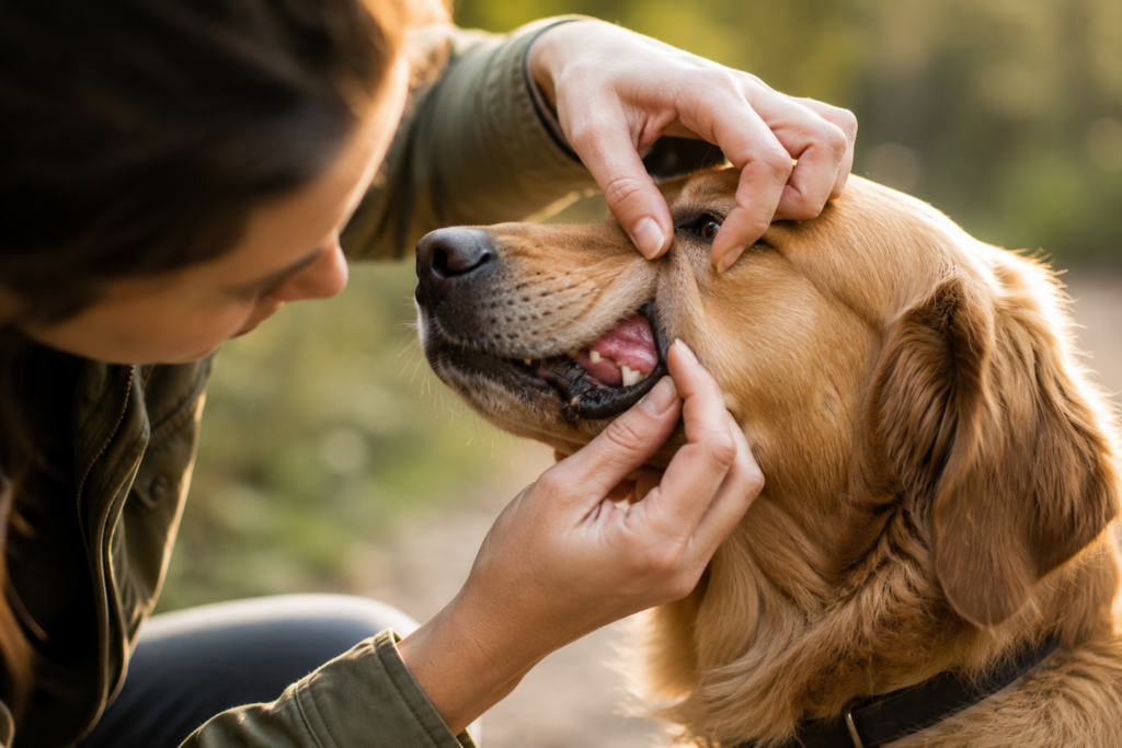Frau guckt sich das Zahnfleisch von einem Hund an