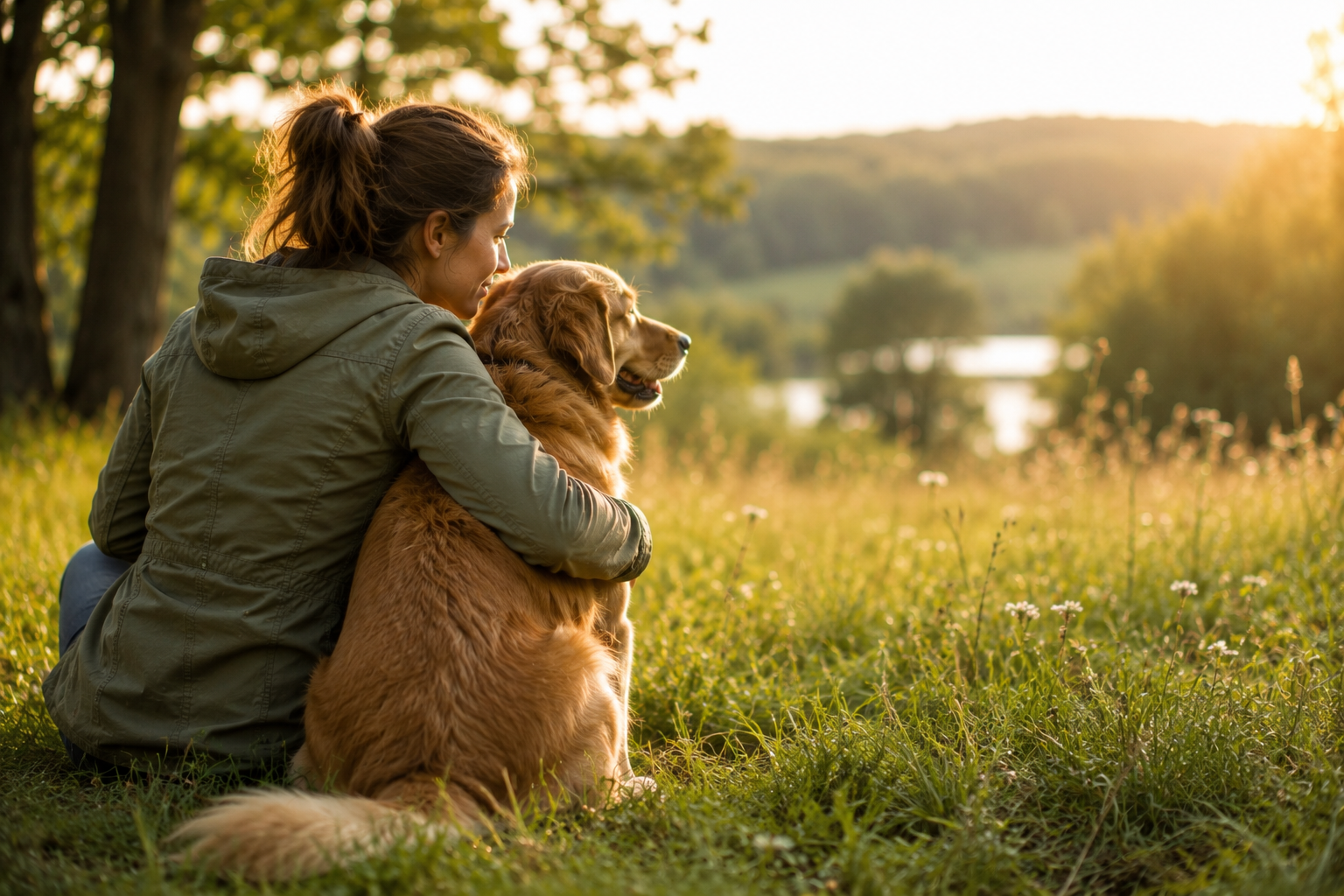 Frau sitzt mit Hund im Arm auf einer Wiese und guckt in die Ferne