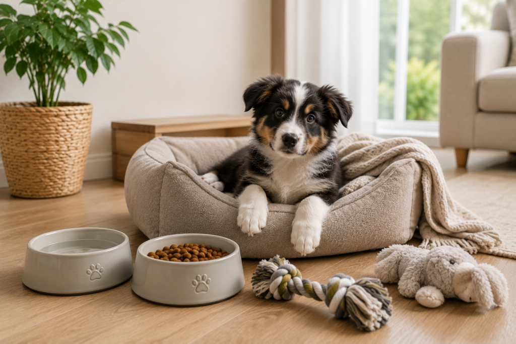 Ein schwarz weißer Hundewelpe liegt in seinem Hundekorb. Davor liegt Spielzeug und Näpfe