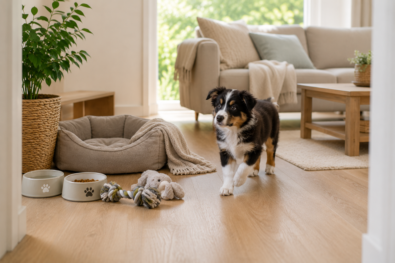 Welpe läuft im Wohnzimmer rum und schaut sich alles an. Spielzeug und Hundebett liegt in der Ecke