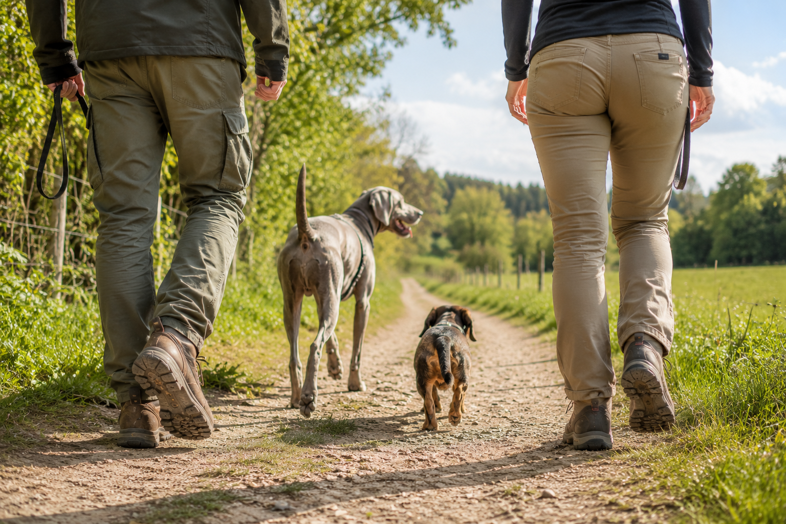 Weimaraner und Dackel laufen mit zwei Menschen in der Natur
