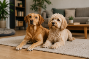 Passt ein zweiter Hund zu meinem Hund? Die wichtigsten Voraussetzungen Zwei Hunde liegen nebeneinander auf einem Teppich