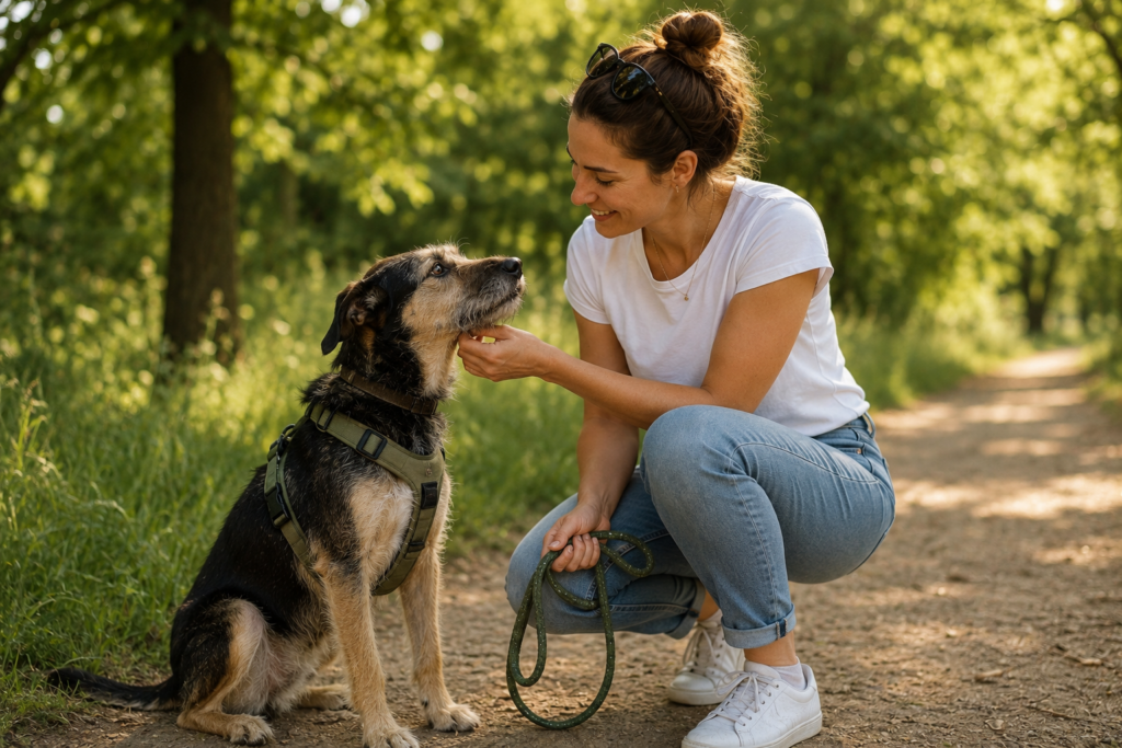 Frau kniet vor einem Hund der sie anschaut