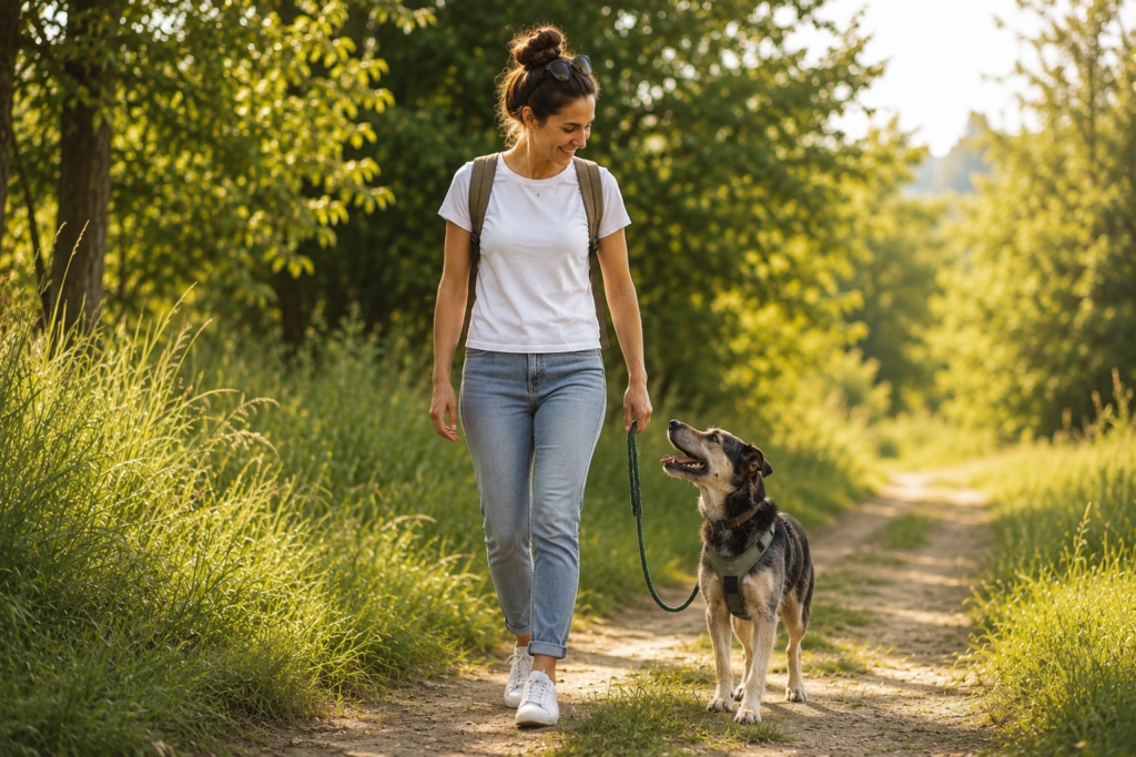 Frau geht mit ihrem Hund spazieren, er schaut sie an