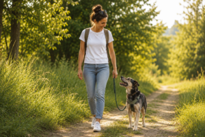 Frau geht mit ihrem Hund spazieren, er schaut sie an