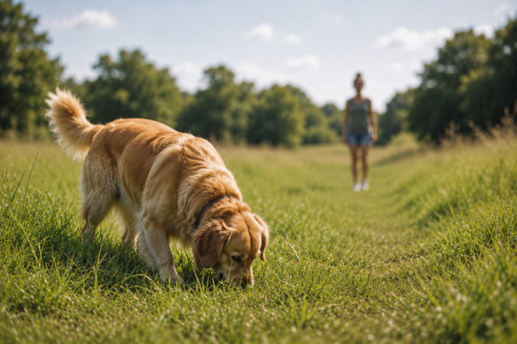 Hund schnüffelt auf einer Wiese am Boden