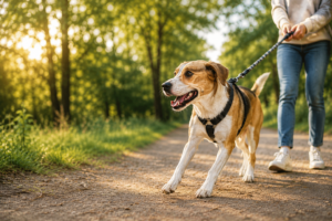 Hund zieht seinen Menschen an gespannter Leine über einen Waldweg