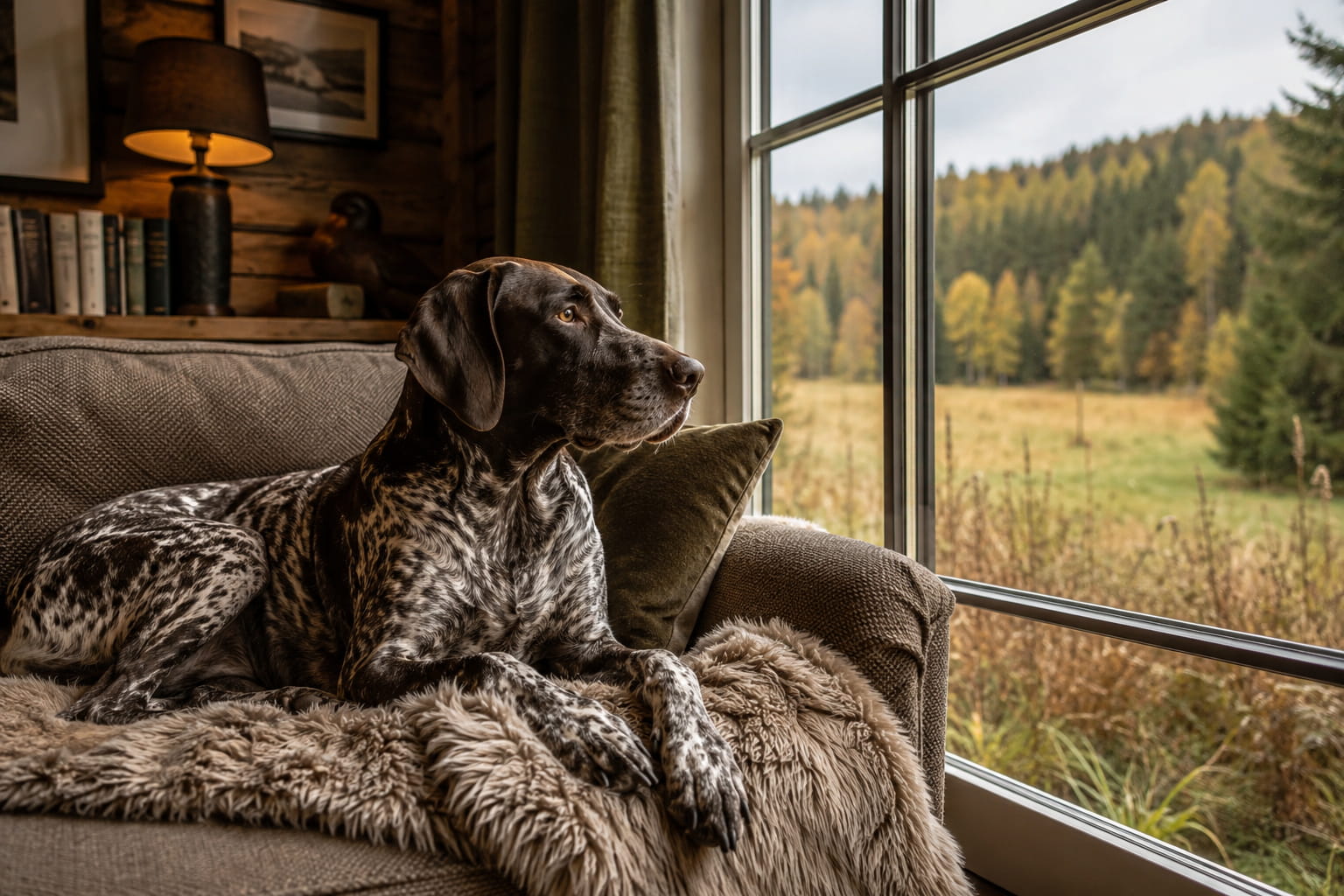 Ein Jagdhund liegt auf der Couch und schaut aus dem Fenster nach draußen