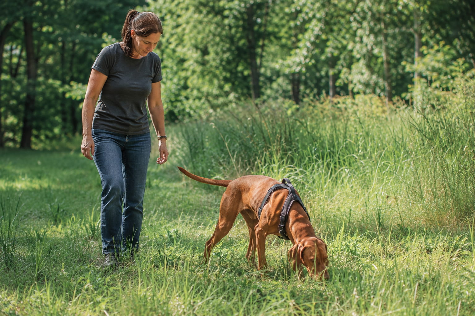Jagdhund schnüffelt auf dem Boden, seine Besitzerin steht daneben