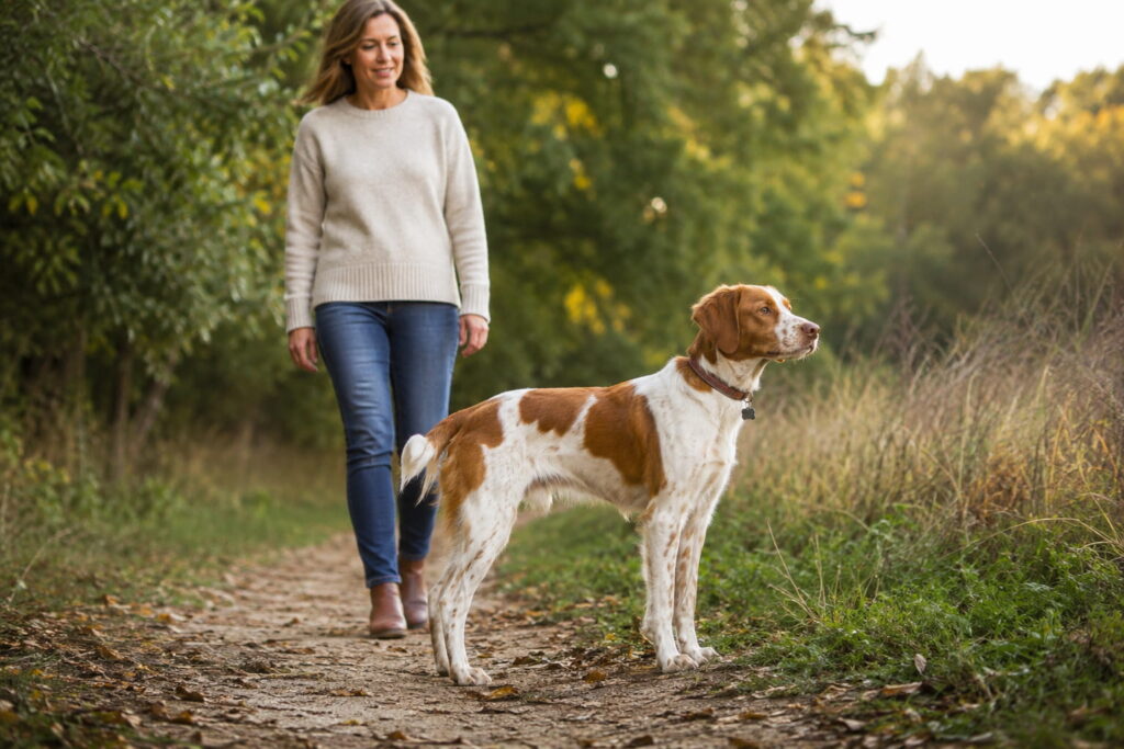 Jagdhund schaut in die Ferne, dahinter eine Frau