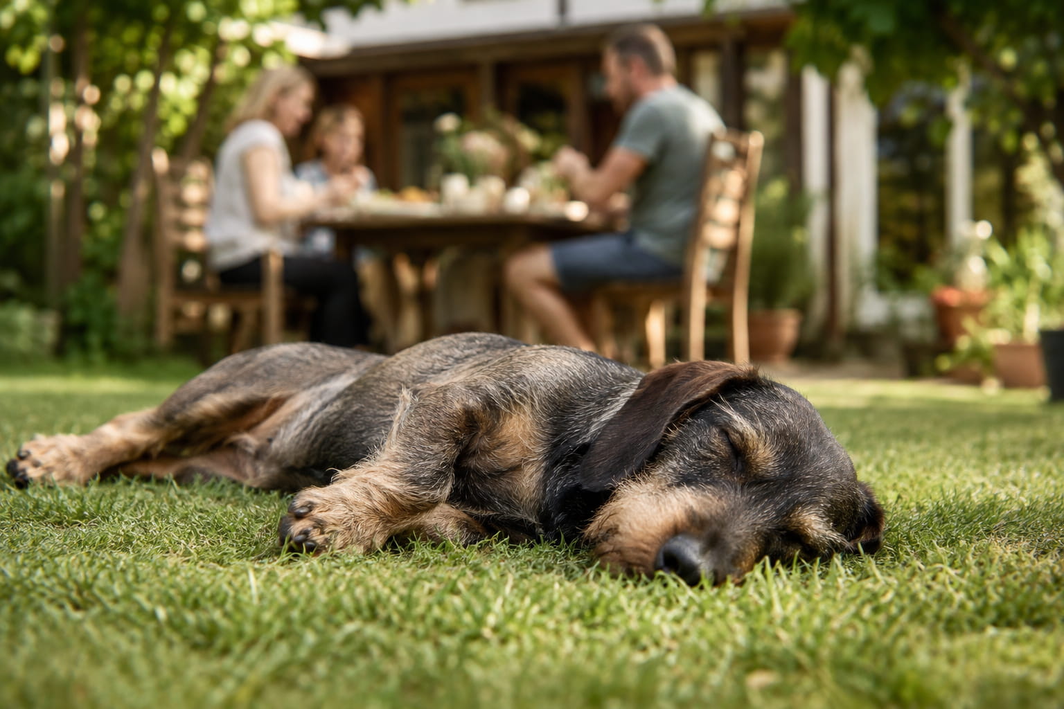 Dackel schläft im Garten, im Hintergrund sitzen Personen am Tisch