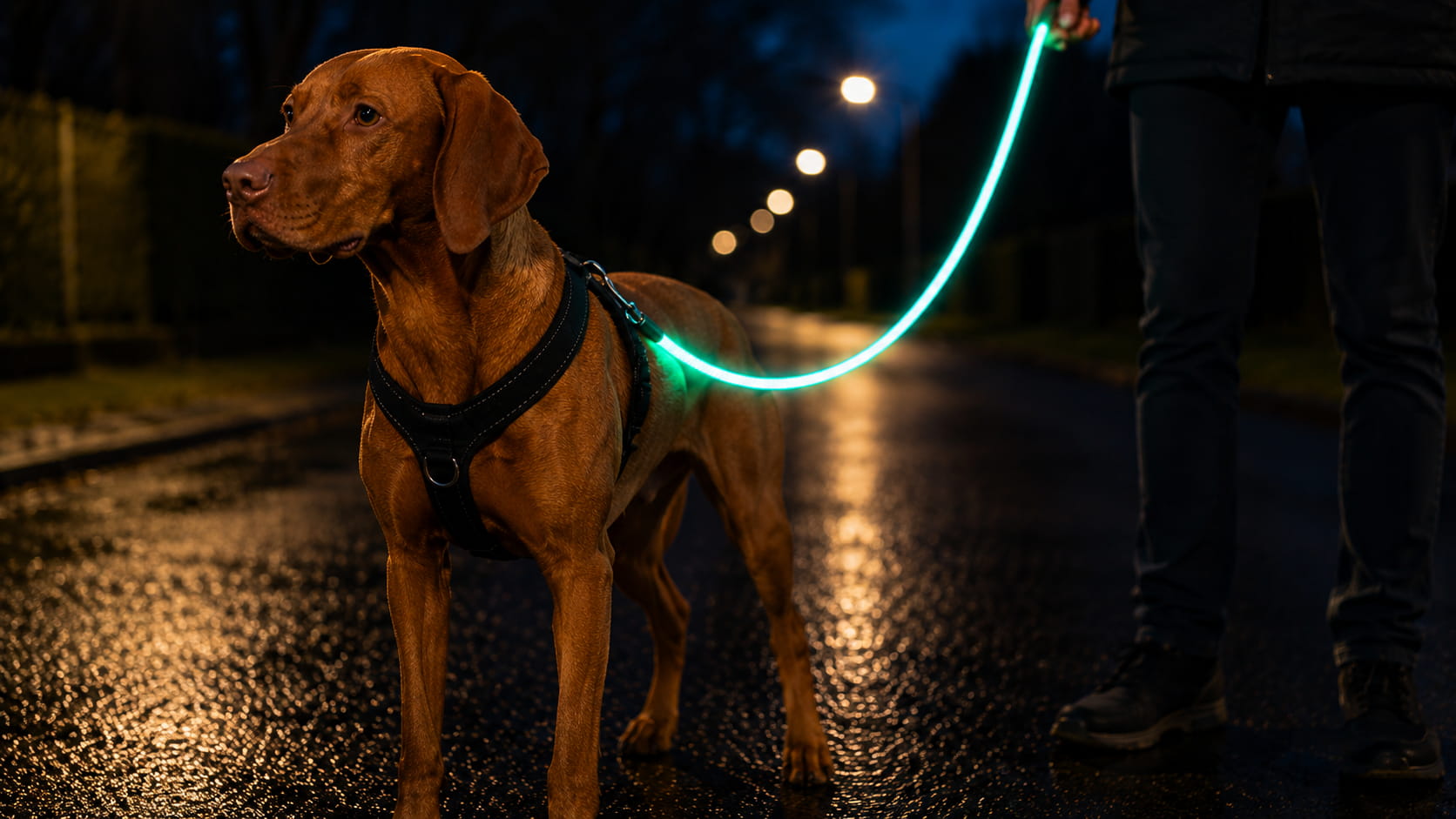Vizla mit Leuchtleine