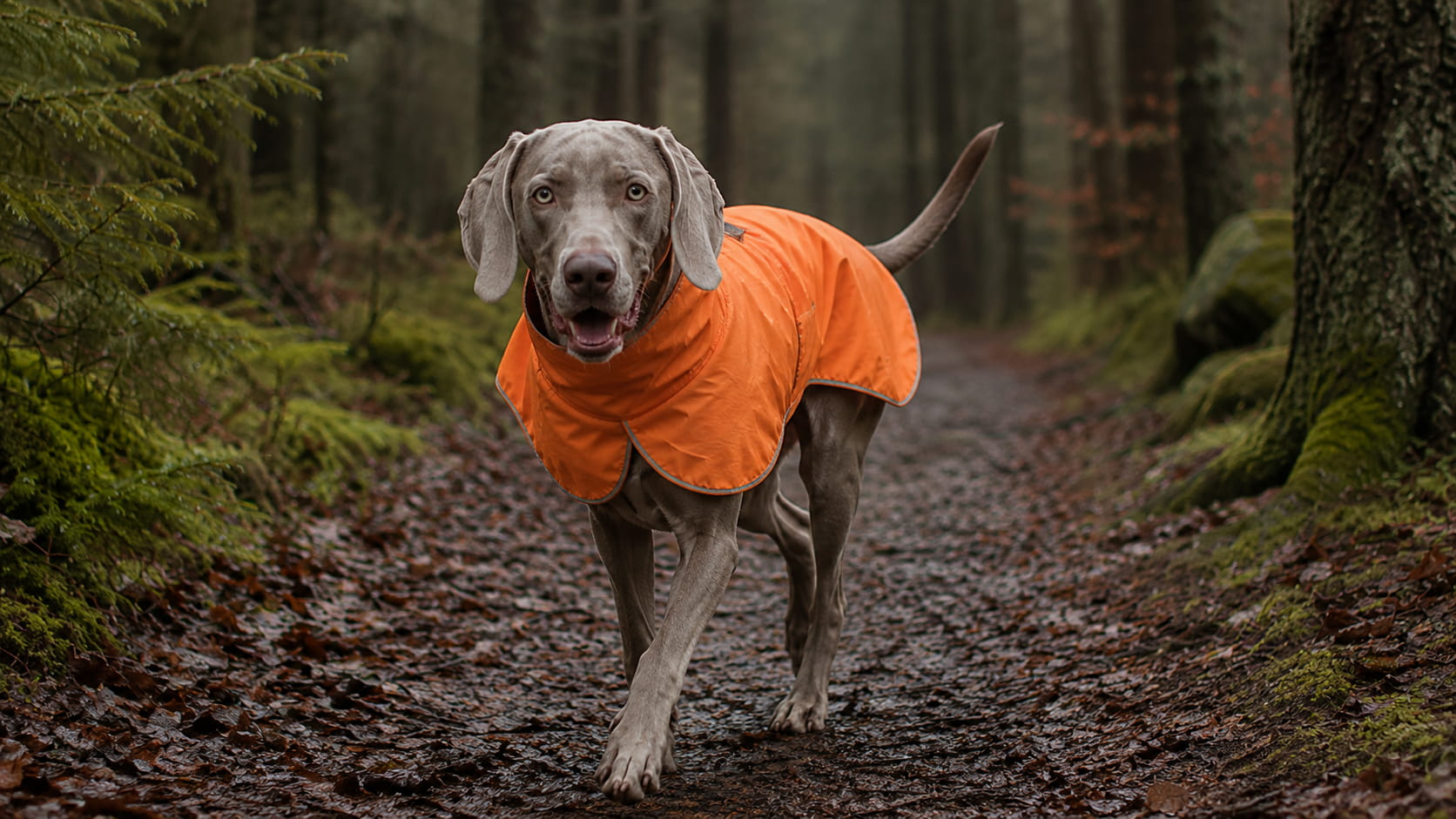 Weimaraner im Regenmantel