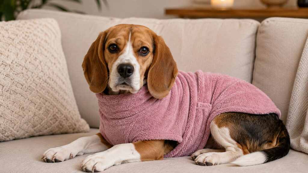Hund im Hundebademantel