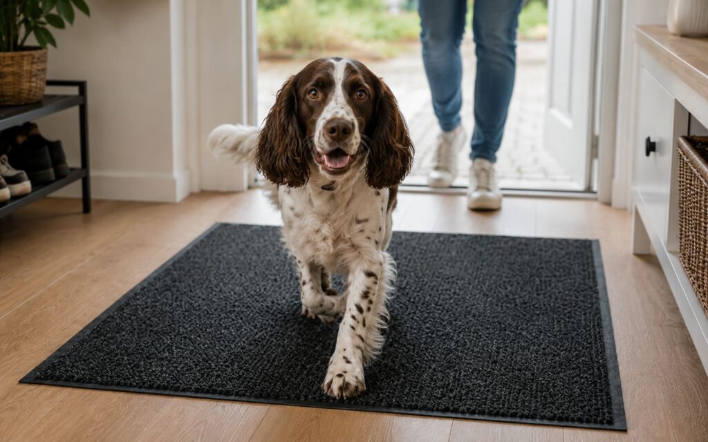 Hund läuft über Schmutzfangmatte