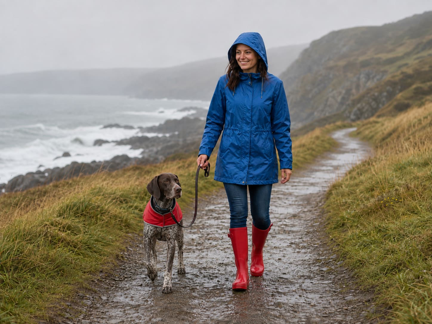 Hund mit Regenmantel und Frau mit regenjacke