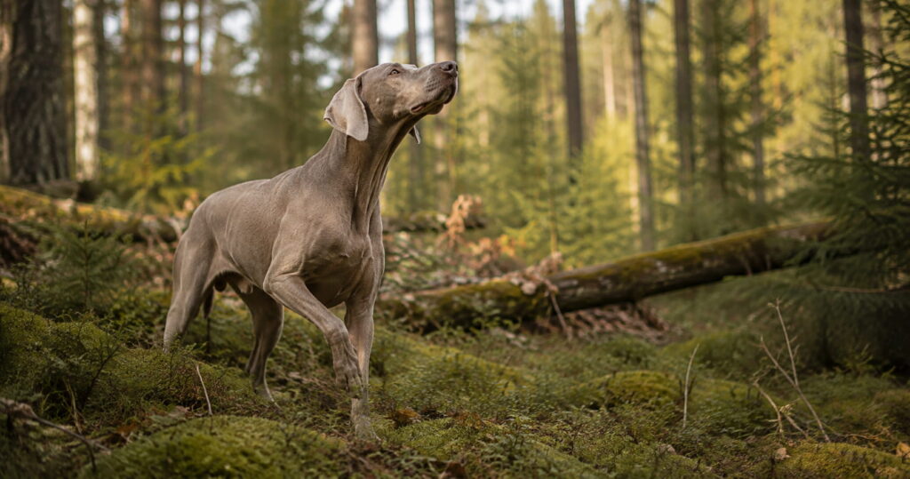 Weimaraner steht im Wald und wittert
