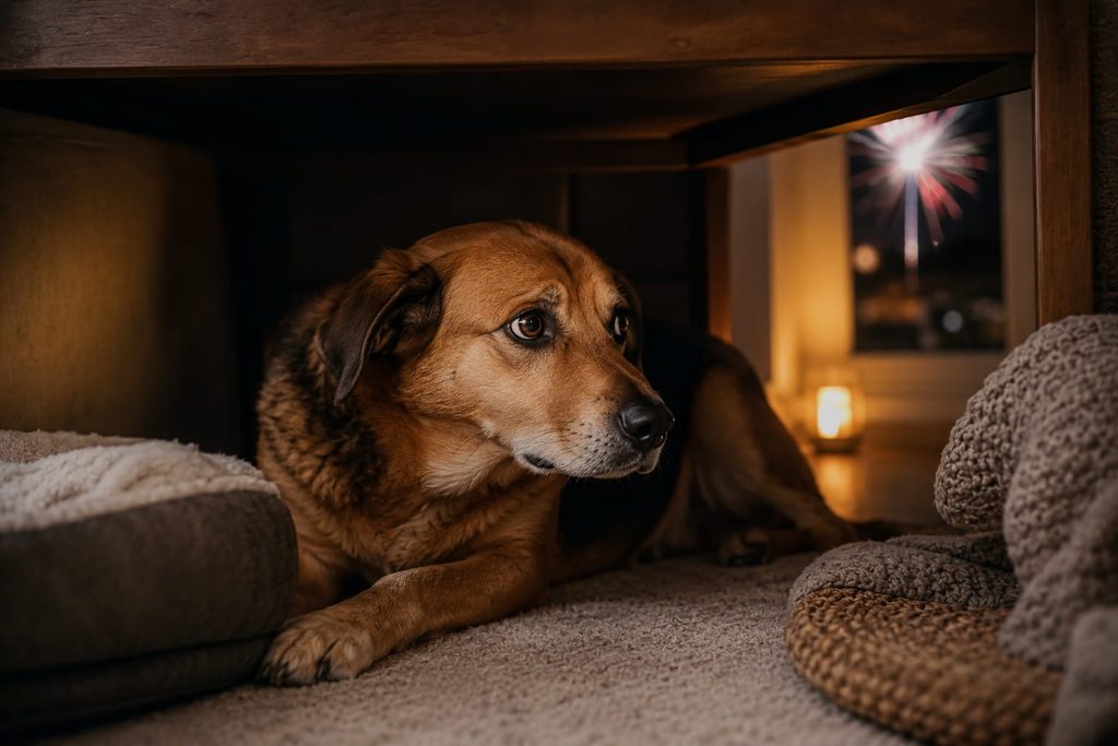 Hund versteckt sich vor Feuerwerk