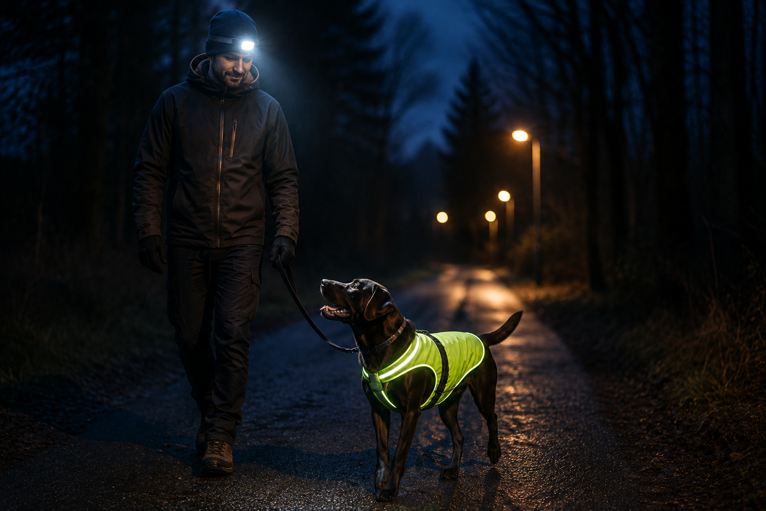 Mann läuft im Dunklen mit Stirnlape und seinem Hund der eine Warnweste anhat über einen schwach beleuchteten Weg
