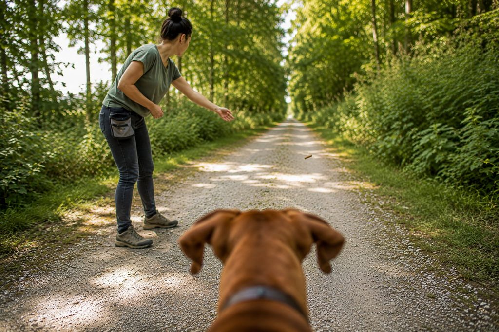 Frau und Hund beim 10 Leckerlispiel