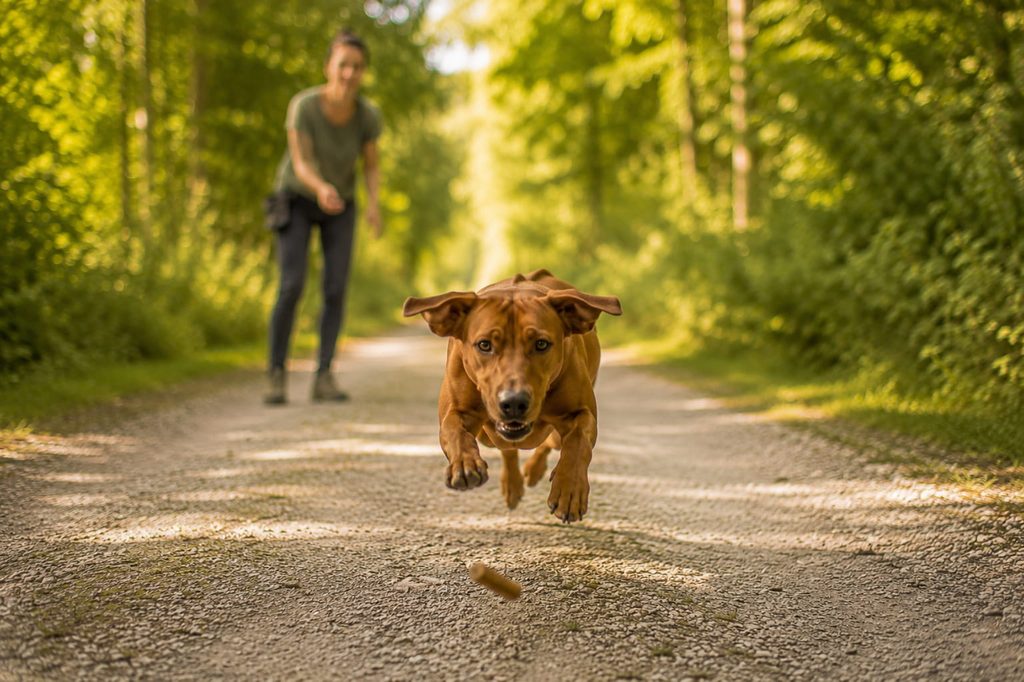 Frau und Hund beim 10 Leckerlispiel