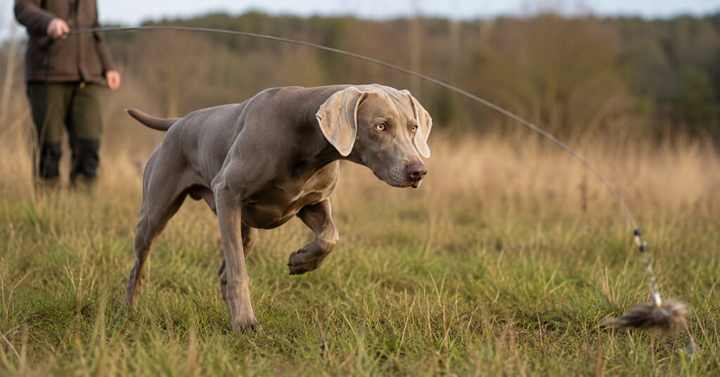 Weimaraner steht vor einer Reizangel vor