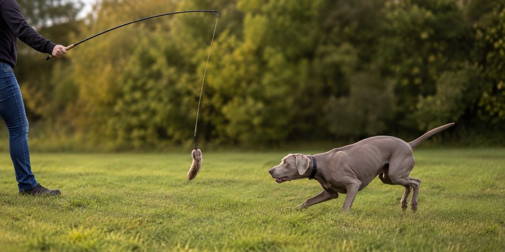 Weimaraner steht vor einer Reizangel vor